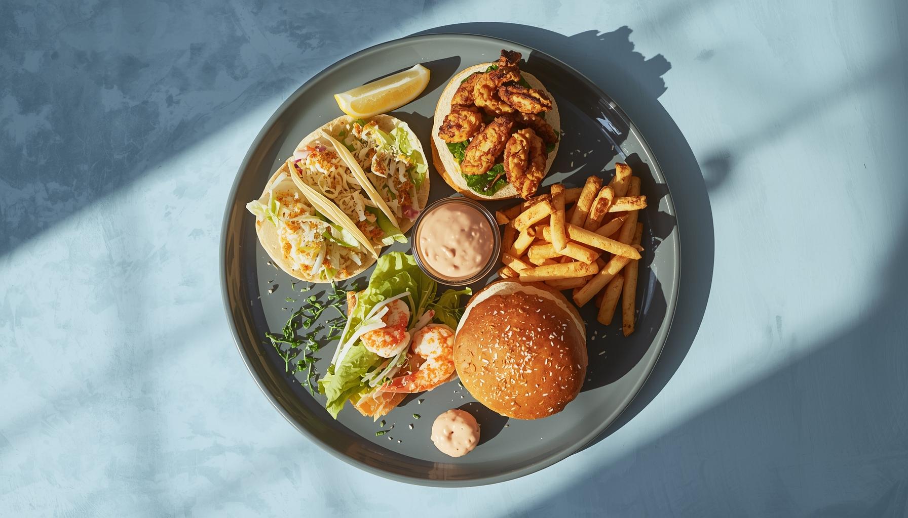 Seafood Tacos, Sandwiches, Burgers, and Combos